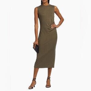 Vince Sleeveless Ruched Side Midi Dress Olive Green Size S Stretch Knit